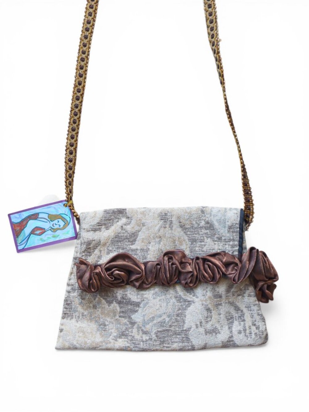 Handmade Floral Tapestry Crossbody Purse, Bronze Satin Ribbon Detail, NWT